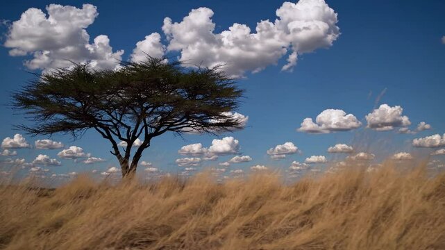 Slow Motion Shot of Savanna Grasslands &ndash; Vast Golden Plains, Gentle Breeze Swaying Tall Grass, Serene African Wilderness, Warm Sunlit Landscape, Tranquil Nature Scene, Expansive Open Terrain, Peaceful