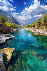 Obraz premium Discover the serene beauty of a crystal-clear river flowing through lush greenery, framed by majestic mountains and dotted with sunlit rocks, inviting tranquility and adventure in nature's embrace.