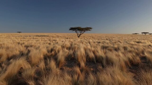 Slow Motion Shot of Savanna Grasslands &ndash; Vast Golden Plains, Gentle Breeze Swaying Tall Grass, Serene African Wilderness, Warm Sunlit Landscape, Tranquil Nature Scene, Expansive Open Terrain, Peaceful