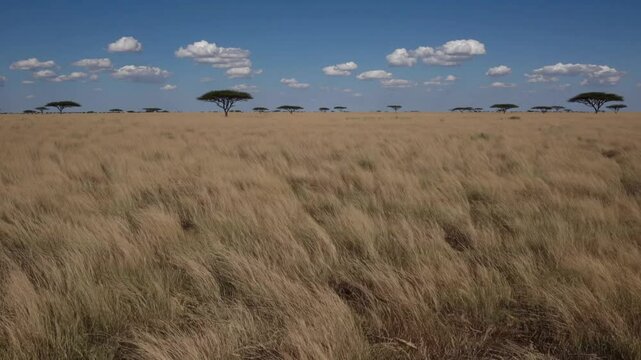 Slow Motion Shot of Savanna Grasslands &ndash; Vast Golden Plains, Gentle Breeze Swaying Tall Grass, Serene African Wilderness, Warm Sunlit Landscape, Tranquil Nature Scene, Expansive Open Terrain, Peaceful