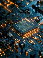 Obraz premium AI microchip on circuit board glowing with data processing elements symbolizing advanced artificial intelligence technology