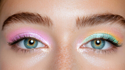 Fototapeta premium Vibrant makeup look featuring pastel colors and bold lashes on model
