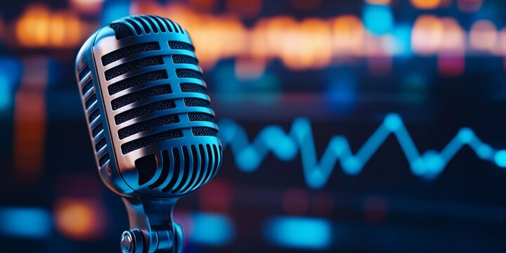 Retro microphone, audio podcast, studio, data graph, broadcasting