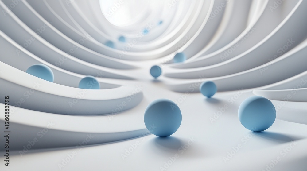 Poster This captivating composition features spheres gently rolling through flowing curves and soft textures in a tranquil white setting