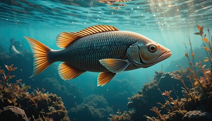 Naklejka premium A Catfish Swimming Gracefully in an Underwater Habitat Surrounded by Calm Waters 