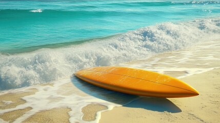 A surfboard placed near the waters edge, ready for adventure as the ocean breeze flows through the air.