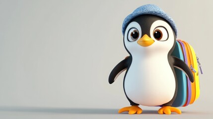 Obraz premium Cartoon Penguin with Backpack on Gray Background