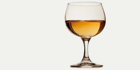 Elegant wine glass filled with amber liquid on a light background