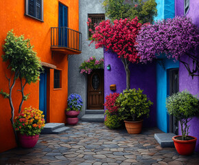 Fototapeta premium This enchanting courtyard showcases a colorful blend of orange, purple, and gray walls adorned with lush floral arrangements, inviting tranquility and charm into outdoor living.