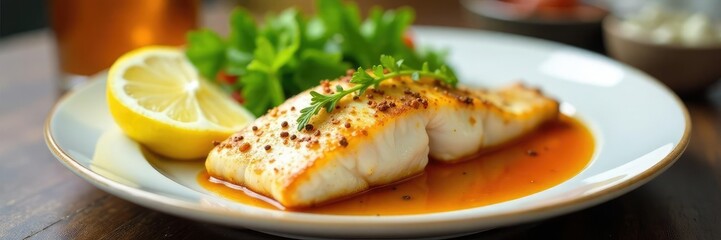 Tilapia fillet on plate with dipping sauce and lemon, plate, fresh