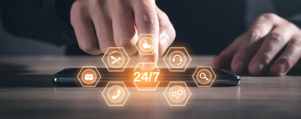 Concept of 24/7 hours online service.