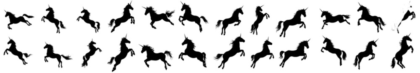 Modern hand-drawn illustration featuring stylish icons of magic cute unicorns, isolated on a background with white stars and clouds, in a vintage style with outline black horses tattoo designs