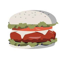 Juicy Hamburger With Cheese, Tomato, And Lettuce In Flat Vector Illustration Symbolizing Fast Food, Burgers, And Street Food, Isolated On White Background.