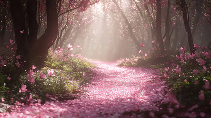 Obraz premium Serene forest path covered in pink flower petals under soft sunlight