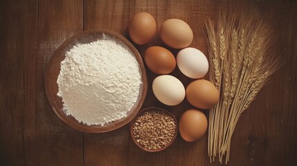 A top-down view of raw baking ingredients, including fresh eggs and wheat flour, arranged aesthetically on a wooden surface.