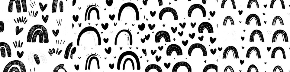 A childlike design featuring hand-drawn rainbows and hearts creates a seamless pattern, ideal for Scandinavian kids' fabric, wrapping paper, textiles, wallpaper, and apparel, with a modern