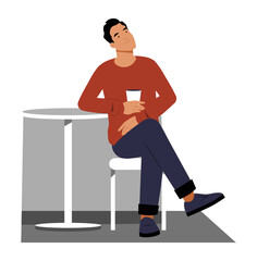 Male Character Sitting with Coffee Cup at a Table in Flat Vector Illustration Symbolizing Relaxation, Coffee Culture, and Urban Lifestyle, Isolated on White Background