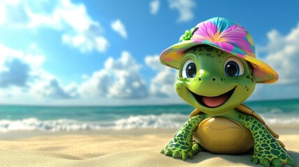 Cartoon turtle enjoying beach