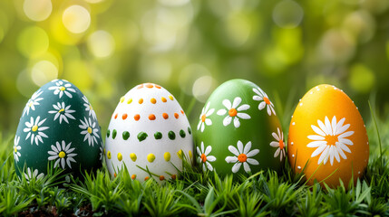 Easter eggs with floral patterns lie on green grass under sunlight
