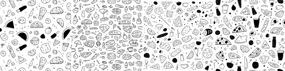 A contemporary backdrop featuring breakfast, lunch, pizza, and snacks, suitable for packaging, menu creation, and interior decor, comprising hand-drawn doodles and a seamless pattern of food elements