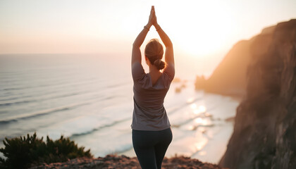 A young woman practicing yoga on a cliffside at sunrise, overlooking the ocean, peaceful and meditative atmosphere, soft golden light