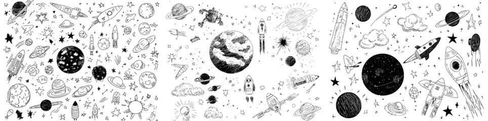 The set includes monochrome drawings of celestial bodies, spacecraft, and astronomy symbols, all presented in a cohesive pack © Andrei