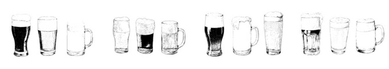 Modern illustration of a set of different beer glasses in a hand drawn sketch style