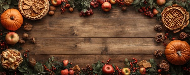 Autumn Harvest Arrangement with Fresh Fruits, Baked Goods, and Seasonal Decorations on a Rustic Wooden Background for Thanksgiving Celebrations