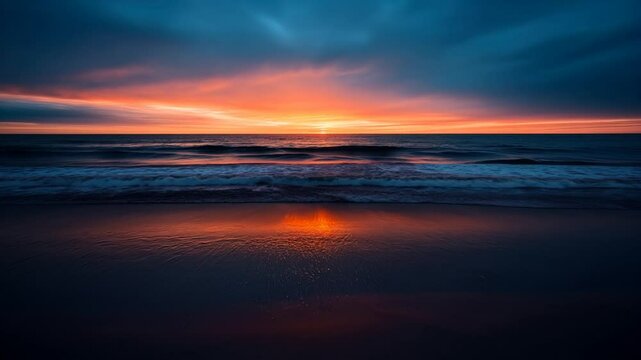 Dramatic ocean sunset with vibrant orange and blue sky reflecting on calm waves at the shore.