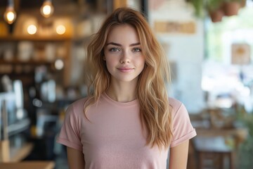 Portrait of a young woman stands inside a cafe, smiling