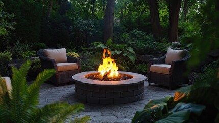 A warm and inviting backyard fire pit surrounded by cozy chairs, flickering flames lighting up the lush greenery.