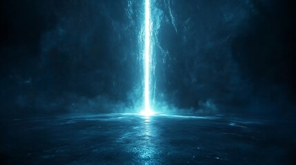 Ethereal blue light beam descends powerfully illuminating dark cavernous space. AI Generated