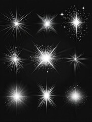 Light effect. White star sparks, bright flare with rays. Magic glowing dust particles. Christmas abstract elements isolated set