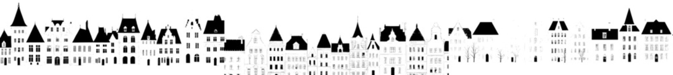 Obraz premium Amsterdam features a seamless pattern of urban residential buildings in Scandinavian style, set in a European city, depicted as a hand-drawn monochrome doodle modern illustration