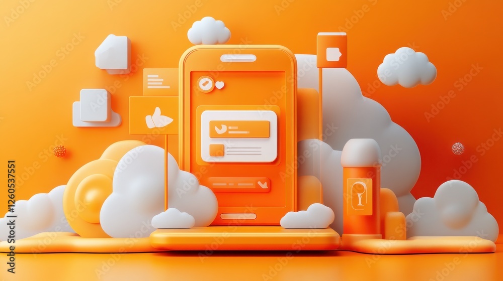 Poster 3d rendering of smartphone with app interface and cloud background