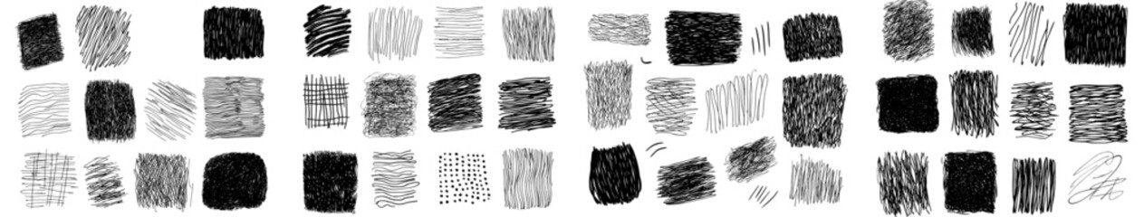 A pencil sketch line is accompanied by pen scribble effects and doodle freehand sketchy clipart, along with a messy hand drawn monochrome pattern, square shapes, and outline ornaments, all part of a