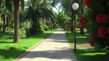 Serene Palm Tree Lined Pathway Garden Stroll