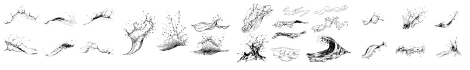 A set of line icons featuring water splashes, marine ripples, and liquid drips, reminiscent of ocean or sea waves © Andrei