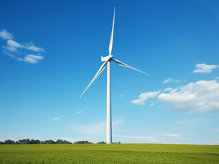 Fototapeta premium Wind turbine standing tall against a clear blue sky in a rural landscape