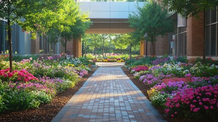 Obraz premium Serene Hospital Garden Pathway Providing Tranquility for Patients and Visitors