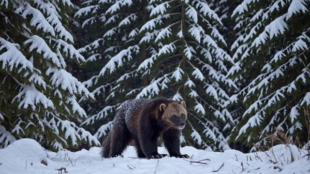 Slow Motion Shot of a Wolverine Animal &ndash; Powerful and Agile Predator, Thick Fur Coat, Fierce Wilderness Presence, Rugged Natural Habitat, Strong and Resilient Mammal, Serene Wildlife Scene, Elusive 