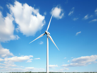 Wind turbine in bright blue sky with scattered clouds during afternoon