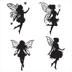 set of vector different poses of fairy vector silhouette	