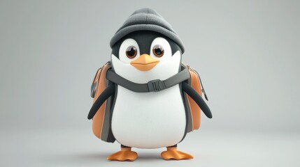 Cartoon penguin with backpack, studio shot,  for kids