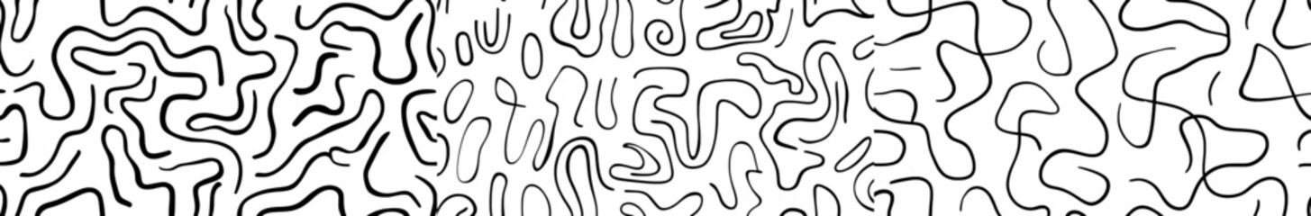 A seamless pattern featuring a fun black and white line doodle, suitable for children or trendy designs incorporating basic shapes in a creative abstract squiggle style