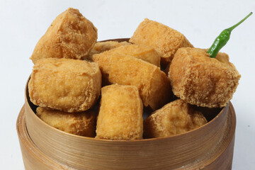 Delicious Fried Tofu in a Wooden Bowl