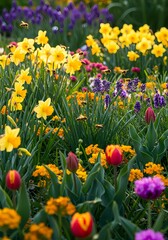 Obraz premium Vibrant Colorful Flowers Blooming in a Sunlit Field with Bees Pollinating, Nature's Beauty in Spring or Summer, Perfect for Nature Themes