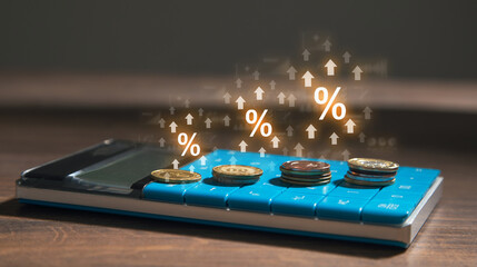 A percentage sign with a growing arrows and coins.