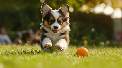 Fototapeta premium Playful Corgi Puppy Chasing Orange Ball on Green Grass in Sunlight