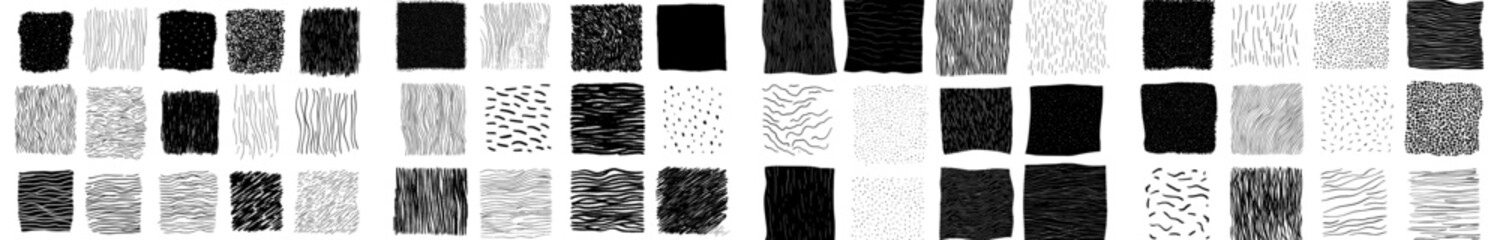 A modern isolated set featuring hand drawn hatching, including hatched squares and a drawing technique that incorporates geometric shapes with crosshatch strokes, forming a simple doodle sketch with